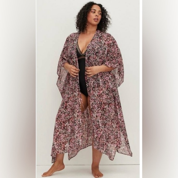 Torrid maxi burgundy leopard animal print sheer chiffon coverup kimono size 1/2 - Picture 1 of 9